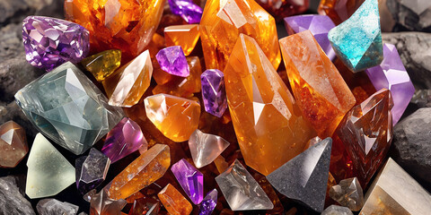A lot of crystals and gemstones on a dark background. Natural minerals such as agate, amber, amethyst, quartz and others. A scattering of precious stones.