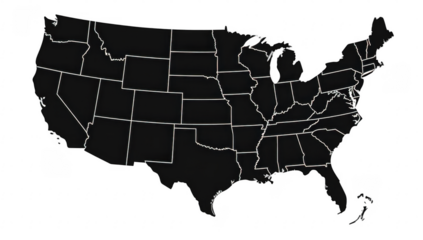 A black map of the United States showing all the states clearly outlined in white, depicting individual state borders within the entire country for geographic reference. 