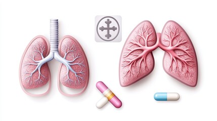Creative flat icon set illustrating tuberculosis prevention, including a shield protecting lungs, a no-smoking sign, a healthy lung comparison, and medical treatment pills.