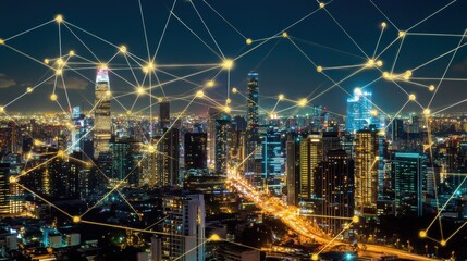 Naklejka premium Illuminated Cityscape Network Showing Interconnected Buildings