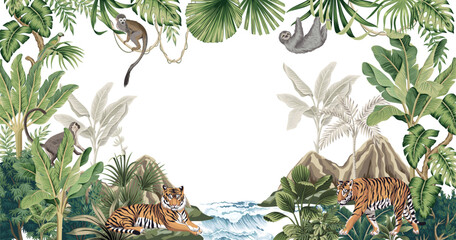 Tropical jungle palm trees, banana tree, green plants, tiger, monkey, sloth animal, parrot frame. Hawaiian island and sea waves mural.