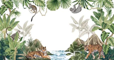 Fotobehang Tropical jungle palm trees, banana tree, green plants, tiger, monkey, sloth animal, parrot frame. Hawaiian island and sea waves mural. © good_mood