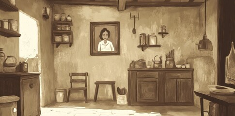 Rustic Kitchen Interior With Ancestral Portrait