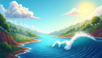 Fototapeta premium Vibrant landscape with ocean waves and clouds in a sunny environment for World Water Day
