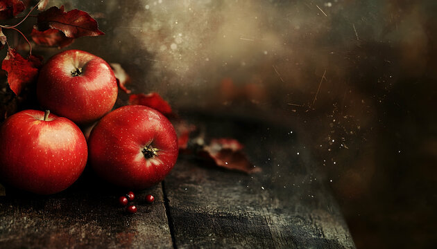 Fresh red apples on a rustic surface with an autumnal background evoking warmth and harvest vibes  -