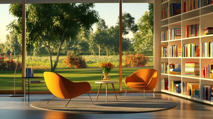 Modern living room with orange chairs and a view