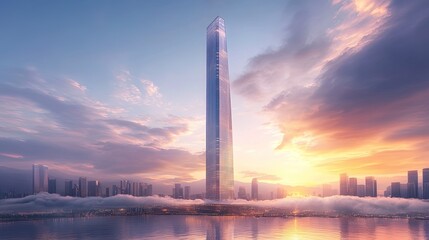 Tall skyscraper reaching into clouds, majestic modern architecture 