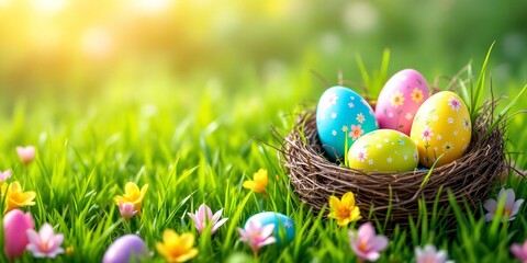 Fototapeta premium Easter eggs in natural bird nest among spring grass and flowers with morning sunlight. Holiday celebration outdoor decoration in garden with warm glow and copy space