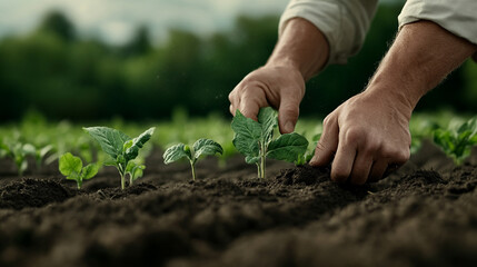 Hands planting seedlings in rich soil during daytime