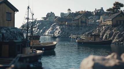Coastal village harbor, fishing boats docked, sunrise, rocky cliffs