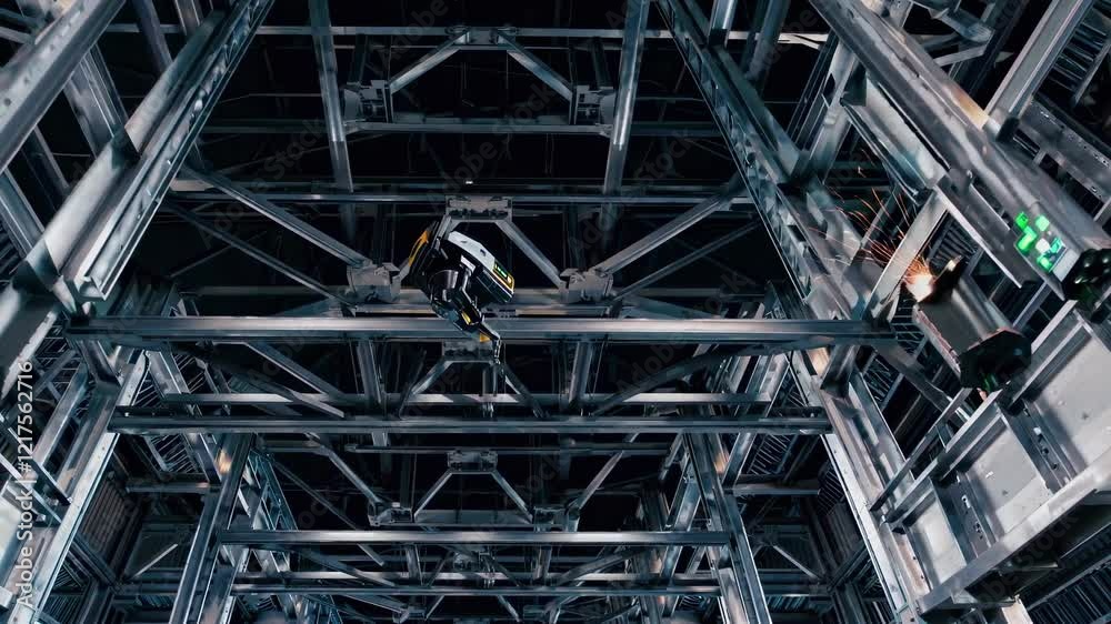 Poster advanced robotic welding in industrial facility highlights automation's efficiency and precision