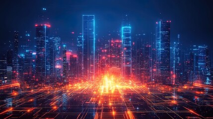 Obraz premium Futuristic cityscape with glowing neon lights, imaginative and high-tech 