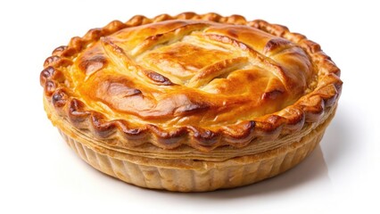 An overhead view reveals a succulent meat pie encased in airy puff pastry, isolated on white.