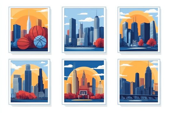 Urban skyline with basketballs highlighting city sports culture during sunset