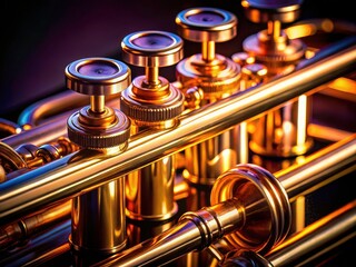 Fototapeta premium Architectural photography unveils the hidden beauty of trumpet valves, showcasing intricate brass mechanisms.