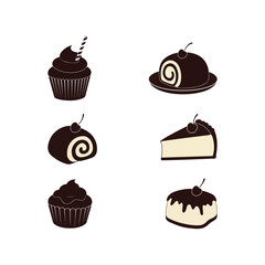 delicious cup chocolate cheese birthday cream cake hot dog  pudding and bakery baked food item silhouette icon collection set vector art flat design illustrations