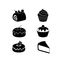 delicious cup chocolate cheese birthday cream cake hot dog  pudding and bakery baked food item silhouette icon collection set vector art flat design illustrations