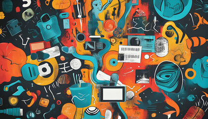 Illustrated mind map exploring film genres like drama, comedy, thriller, and sci-fi in a creative design  -