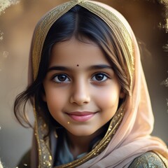 Adorable Girl in Golden Headscarf Portrait Photography
