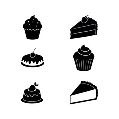 delicious cup chocolate cheese birthday cream cake  pudding and bakery baked food item silhouette icon collection set vector art flat design illustrations