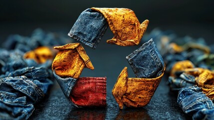 Recycle symbol fashioned from assorted garments. Recycle concept. One more life. Second life