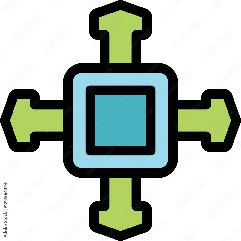 Poster colorful four way arrow symbol representing navigation control or decision making, featuring a squar