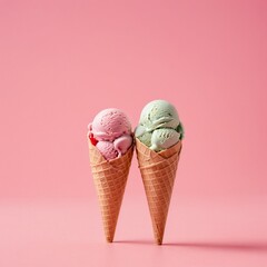 Ice cream scoops against pastel pink background. Minimal summer food concept.