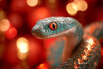 Fototapeta premium Striking turquoise snake with vibrant scales and captivating orange eyes against a colorful bokeh background