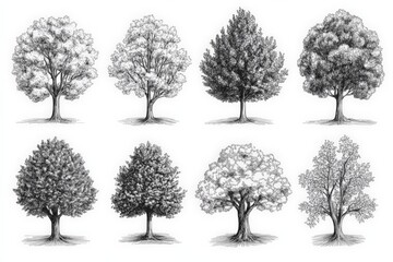 Obraz premium Variety of tree illustrations showcasing different shapes and foliage characteristics