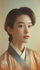 Elegant Korean Woman Hanbok Portrait Soft Lighting