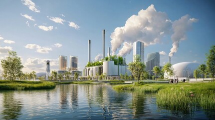 Obraz premium A hydrogen power plant with advanced fuel cell technology, providing clean electricity to a sustainable urban landscape powered by hydrogen energy