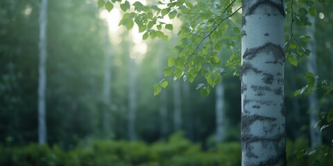 Fototapeta premium A tree with green leaves and a brown trunk