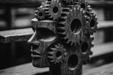 Wooden sculpture depicting a head with gears symbolizes creativity and innovation in a thoughtful...