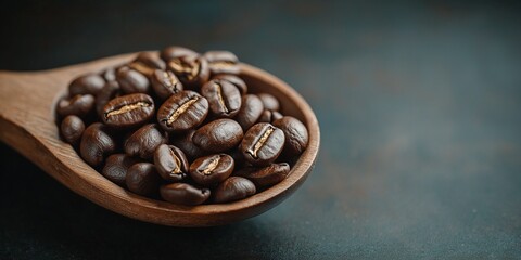Fototapeta premium A spoonful of coffee beans on a wooden spoon