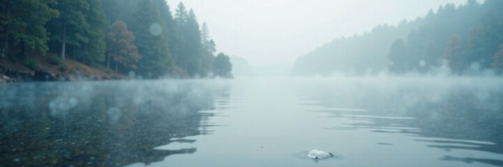 Fototapeta premium Foggy lake with soft white glow and gray bokeh background, mist, waves