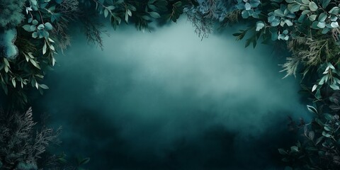 A dark blue background with a green leafy border