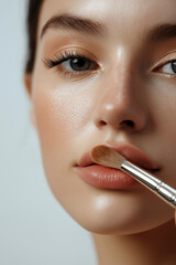Woman facial skin texture close up detail with make-up brush