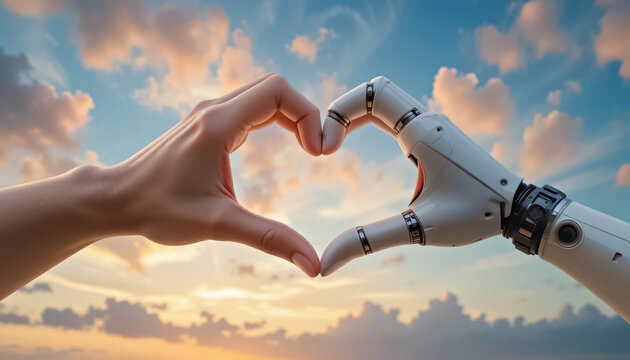 Human hand and robotic hand forming heart shape against beautiful sunset sky background. Futuristic concept of connection between people and robot