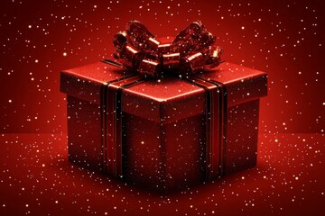 Red gift box with glitter and bow surrounded by falling snowflakes during the winter holiday season