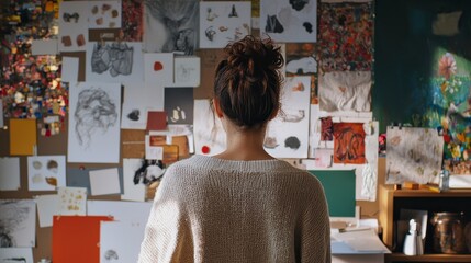 Woman Standing in Front of Creative Art Wall Decorated with Various Drawings and Paintings in a Bright Studio Environment