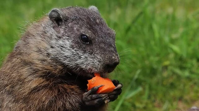Marmota monax eating vegetables slow motion