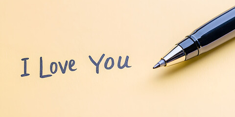 Handwritten message 'I Love You' on a pale yellow background, with a pen resting nearby. A simple, heartfelt expression of affection.