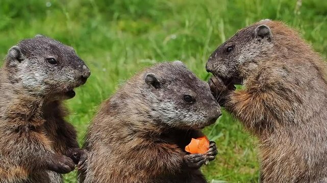 Marmota monax eating vegetables slow motion