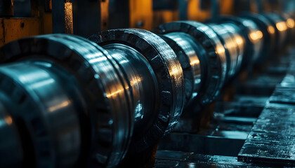 Line of steel rolls in a factory setting, highlighting the industrial process of manufacturing and preparing materials for production  -