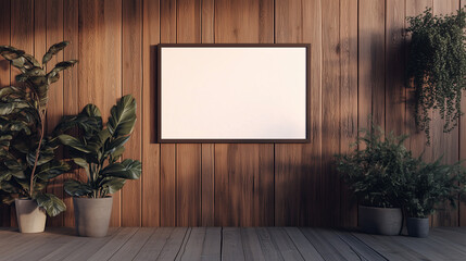 Large horizontal blank advertising poster billboard hanging on wooden wall. Empty screen mockup in resort or home interior. Generative AI