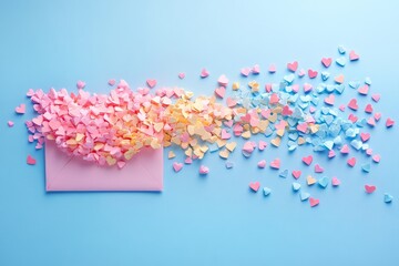 Colorful heart-shaped confetti spills from a pink envelope on a blue background during a festive celebration