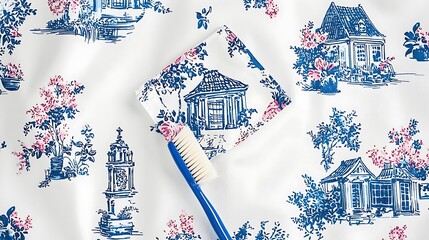 Blue toile fabric with cleaning brush, home decor, textile care