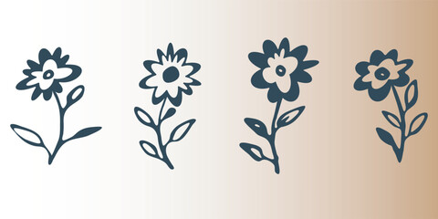 Hand drawn Flower set. Outline floral symbol, ink bold brush stroke contour, cute flat doodle freehand cartoon style clipart, black silhouette, cute isolated elements. Vector illustration