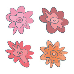 Freehand flower shapes isolated elements, clipart set. Hand drawn doodle cartoon style design. Cute floral web decor. Pencil brush stroke contour. Bright pink shades colour vector illustration