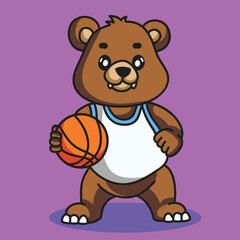 Cute Bear Playing Basketball. Vector Cartoon Illustration. Animal Character Icon Concept Isolated Premium Vector. Flat Vector Illustration. Doodle Cartoon Illustration Style. Suitable for Any Project